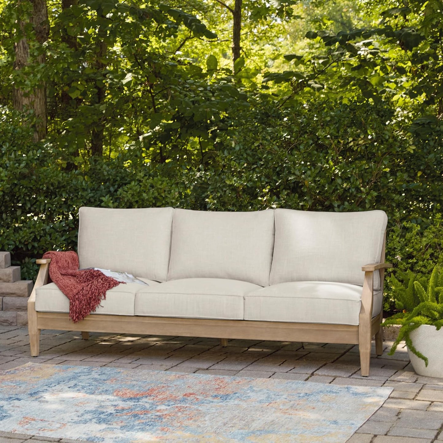 Signature Design by Ashley Carter Hall Outdoor Eucalyptus Patio Sofa with Cushion, Beige