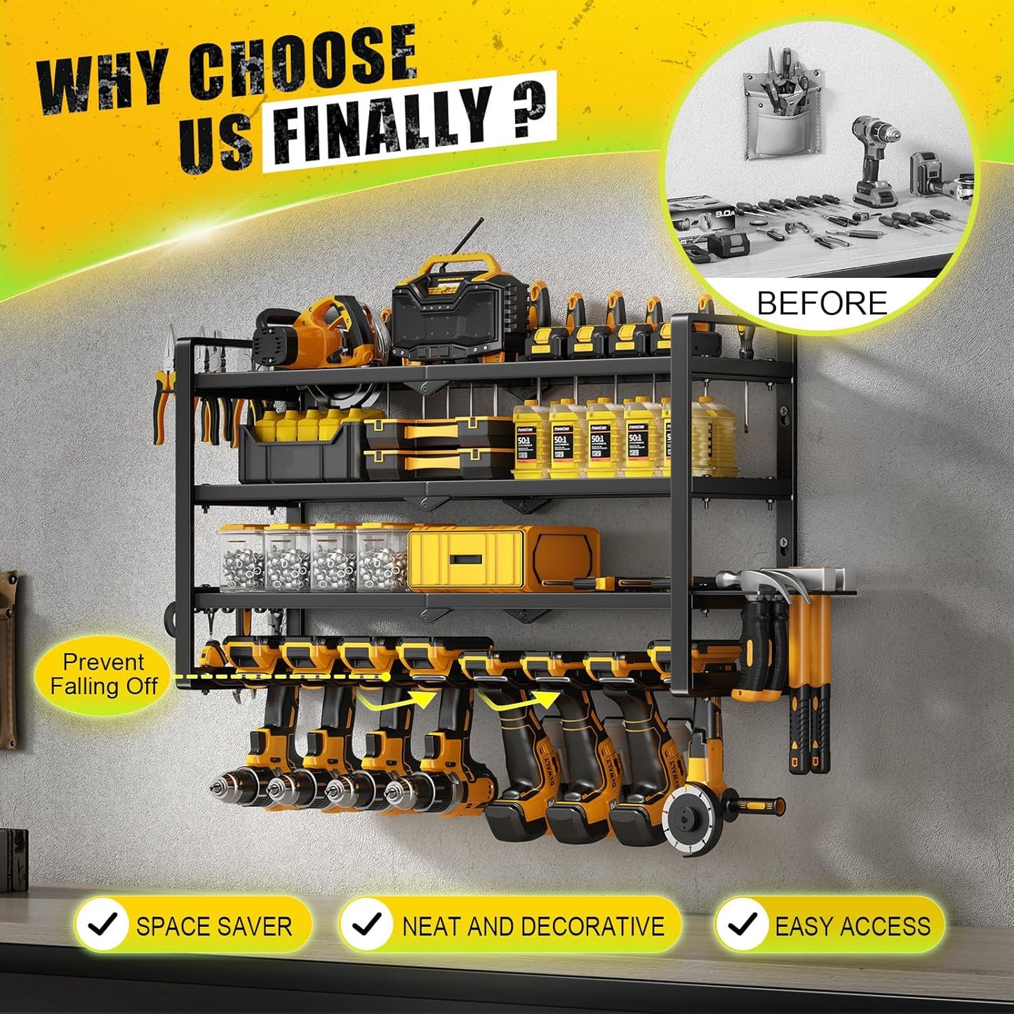 Power Tool Organizer Wall Mount - 400Lbs Load 4 Layers Storage Rack with 8 Drill Holders for Drills Cordless Tools. Heavy Duty Iron Garage Tool Organizer Storage for Workshop Shed Pegboard Basement