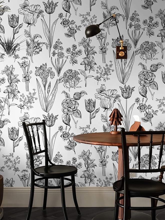 Dimoon 78.7"x17.3" Floral Peel and Stick Wallpaper White Contact Paper Waterproof Black Lines Wallpaper Vintage Flower Thicken Plant Self Adhesive Removable Wall Covering Shelf Liner Decal Vinyl Roll
