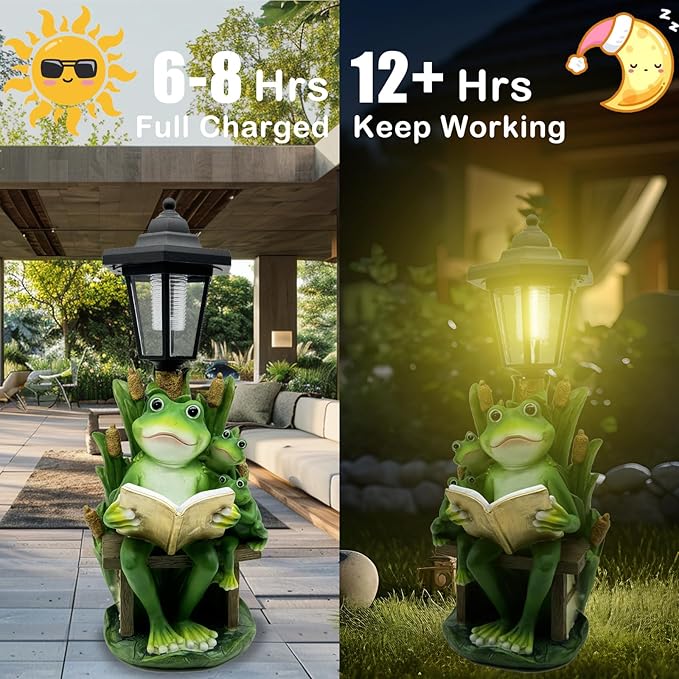 Frog Garden Statue with Solar Lantern - 16“ Outdoor Solar Lights Frog Figurine for Outside, Yard, Patio, Lawn Decor, Housewarming Gifts for Women, Mom