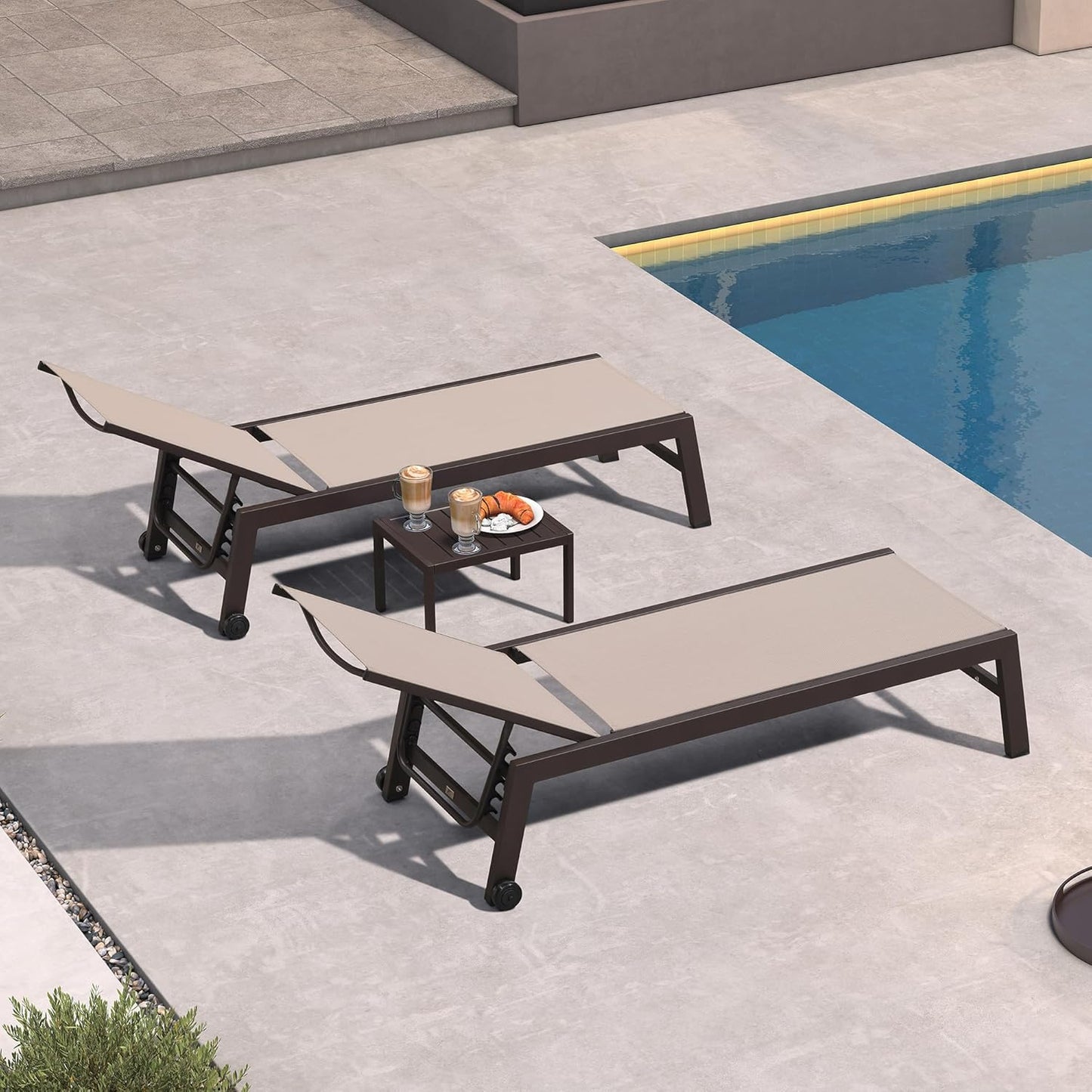 PURPLE LEAF Outdoor Chaise Lounge Chair Set of 3, Pool Lounge Chair for Outside, Aluminum Patio Chaise Lounger with Adjustable Backrest and Wheels for Deck, Outside, Lawn, Garden, Sand Beige