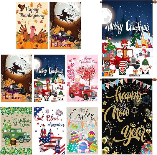 Moukeren 8 Pack 28 x 40 Inch Large Seasonal Garden Flags Decorative Holiday Flags Double Sided Polyester Festive for Outside Lawn Yard Outdoor Easter Independence Day Patriotic Decorations(Classic)