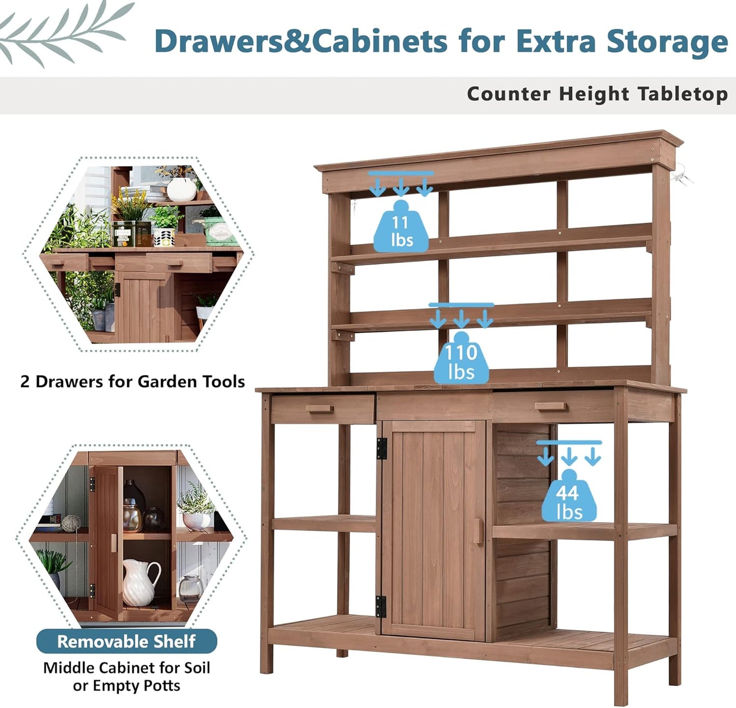 Merax 66" Large Outdoor Farmhouse Wooden Potting Bench Table, Garden Workstation with 2 Drawers, Cabinet, and Open Shelves for Backyard, Mudroom, Brown