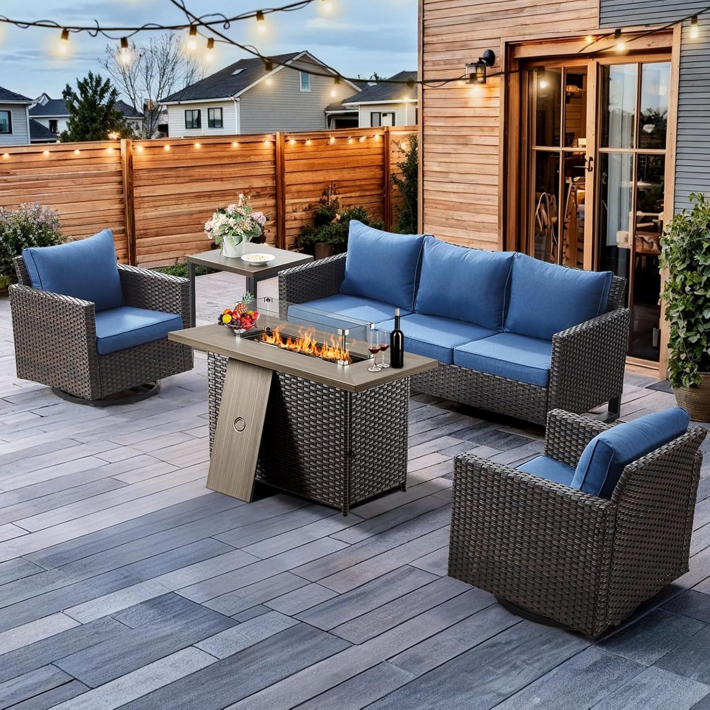 HUMMUH 5 Piece Patio Furniture Set with Fire Pit Table 41in 55,000 BTU,Wicker Outdoor Conversation Sets - Outdoor Swivel Rocker Chairs Patio Sofa for Porch,Garden,Backyard