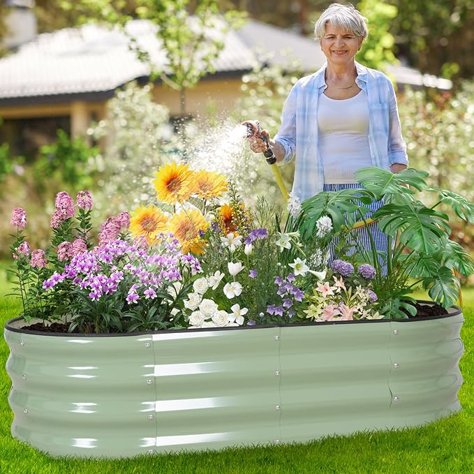 Galvanized Raised Garden Bed - 4×2×1ft (2 Packs) Planter Raised Beds for Gardening | Oval Metal Garden Planter Box with Safety Edging and Gloves for Vegetables Fruits Flower - AvocadoGreen