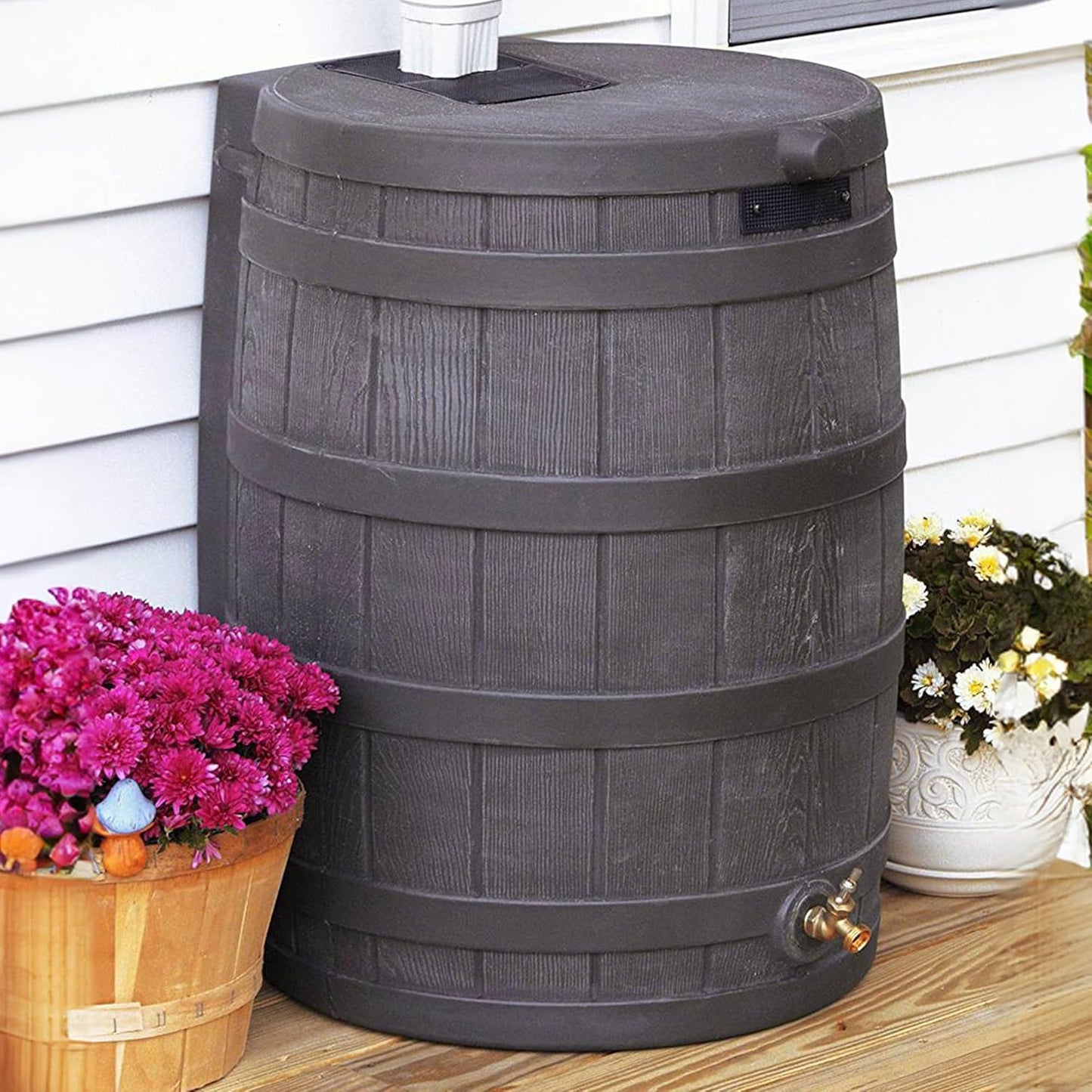 Good Ideas 50 Gallon Large Faux Wood Plastic Rain Water Barrel Collector with Brass Spigot for Rainwater Collection and Storage, Oak, 2 Pack