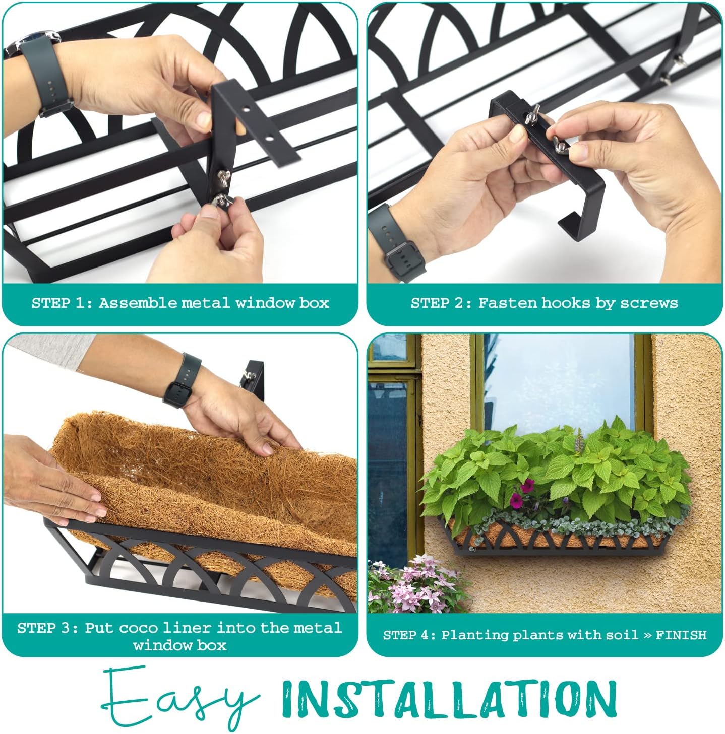 Window Box Railing, 24 Inch Black Metal Hanging Flower Planter Basket with Coco Liner for Outdoor Balcony Porch Fence Patio for Home, Office and Hotel (Black - 4 Pcs/Set)