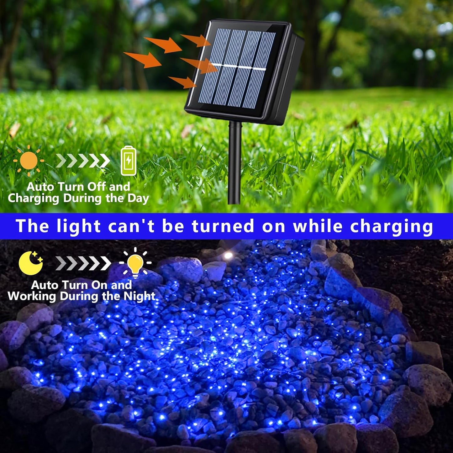 QITONG Blue Solar Fairy Lights Outdoor Waterproof, 2 Pack Each 66ft 200 LED Solar String Lights, 8 Modes Silver Wire Christmas Twinkle Mini Lights