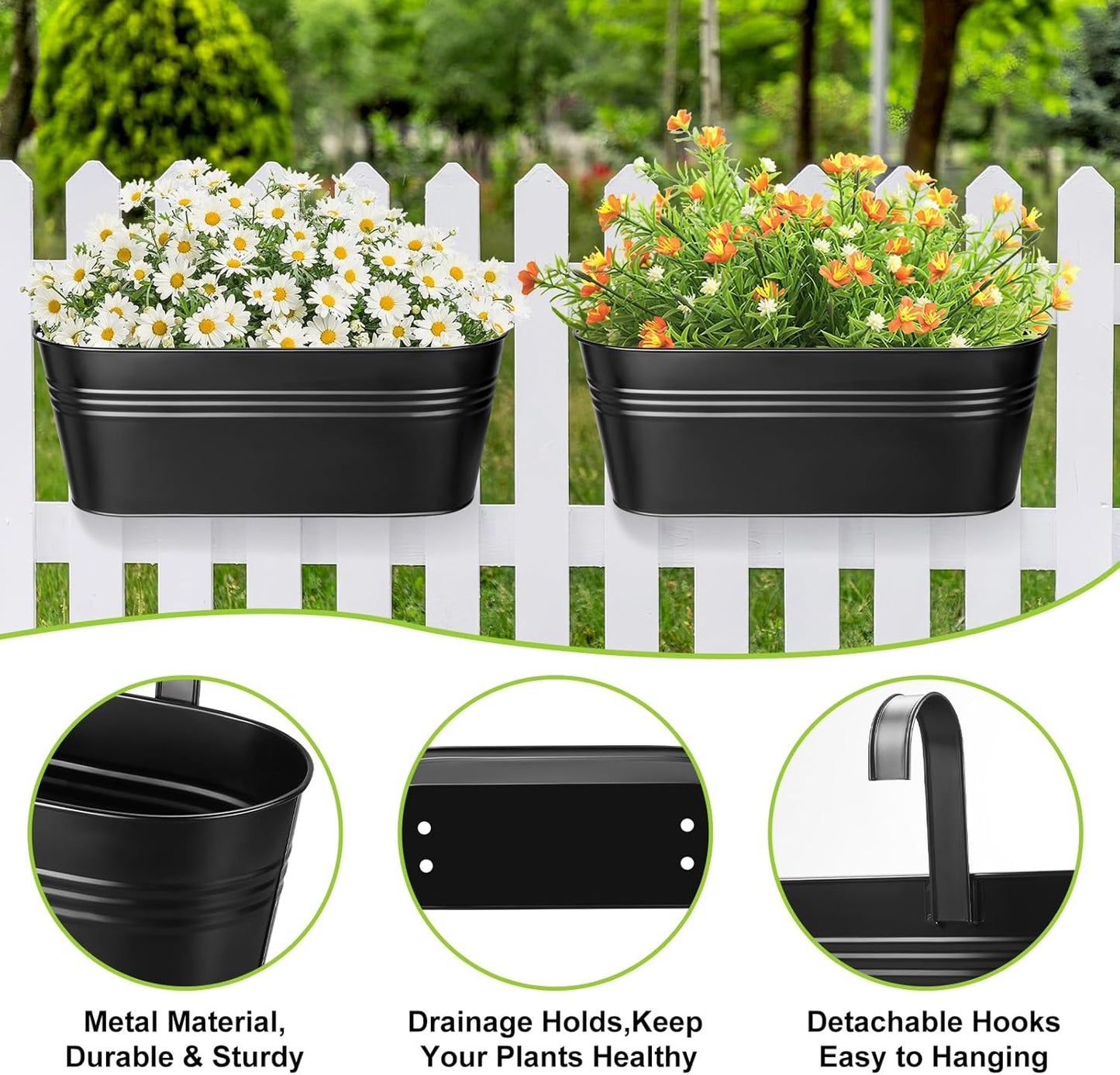 3 Pcs Large Balcony Planters Railing Hanging Flower Pots- 16.2 Inch Metal Railing Planter Box Fence Planters for Outdoor Plants with Detachable Hooks and Drain Holes for Garden Decor (Black-16.2inch)