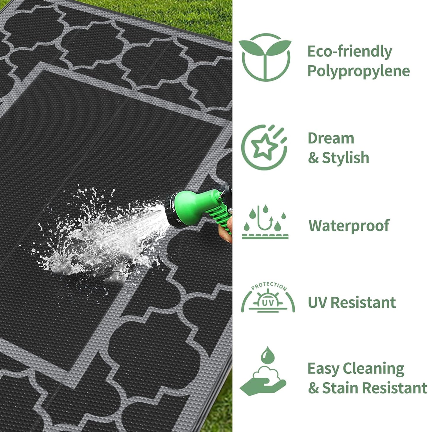 GENIMO Outdoor Rug 9' x 12' Waterproof for Patio Decor, Reversible Plastic Straw Area Rugs Mat for Camper, Outside Carpet for Camping, Rv, Deck, Porch, Picnic, Beach, Balcony, Black & Grey