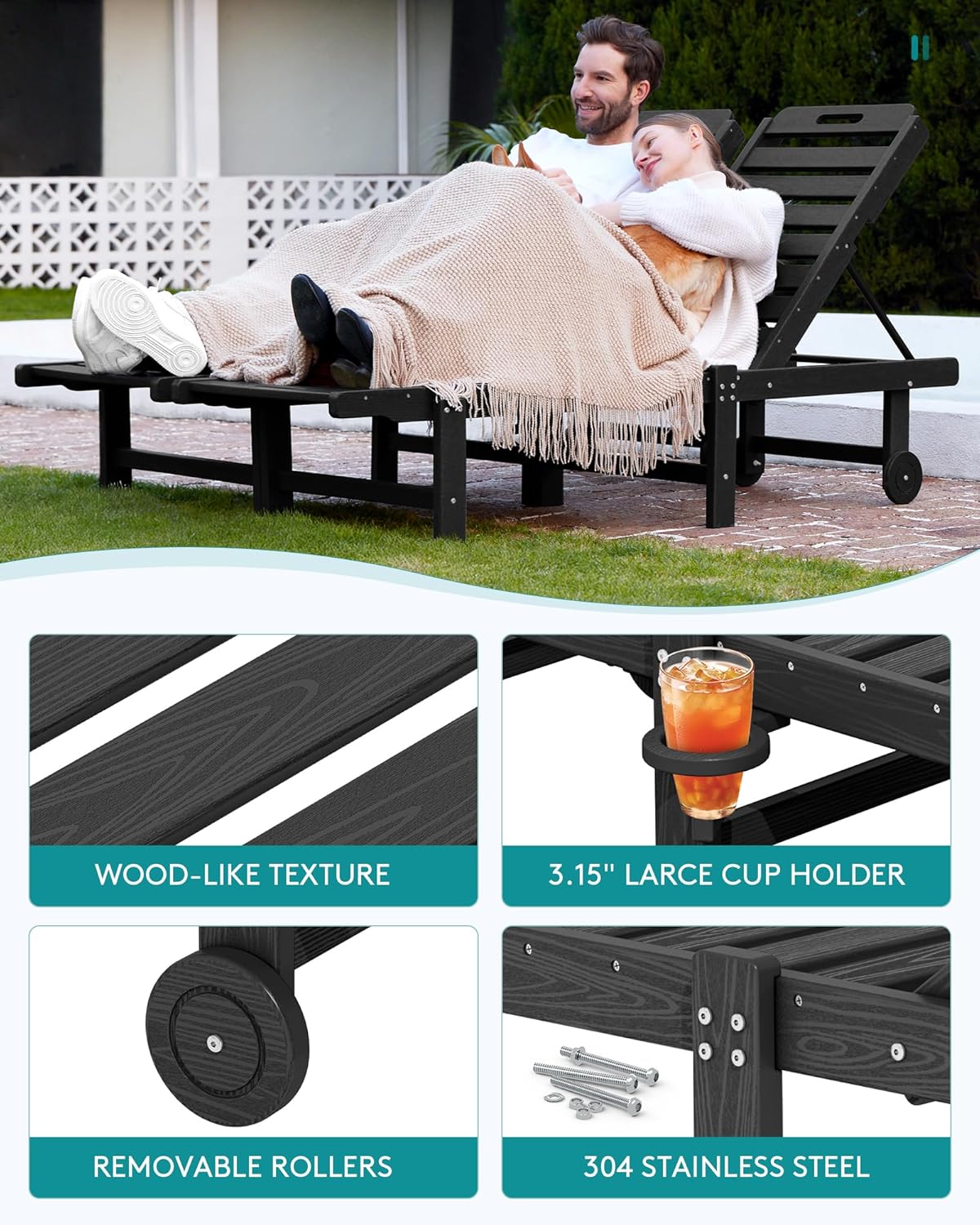 SERWALL Patio Chaise Lounge Set of 4, HDPE Outdoor Lounge Chair with Cup Holder, 5 Positions Adjustable Poly Lounge Chair with Rolling Wheels for Poolside, Deck, Sunbathing, Black