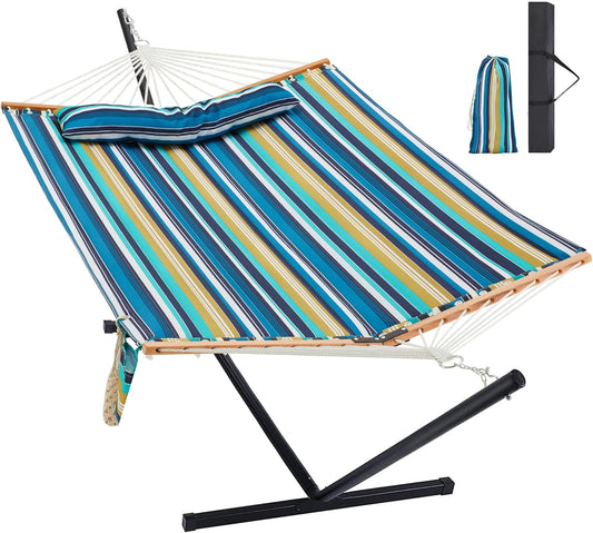 Two Person Hammock with Stand Heavy Duty, Outdoor Patio Hammock with Portable Steel Stand, Large Double Hammocks,480lbs Capacity.(Middle Blue Stripes)
