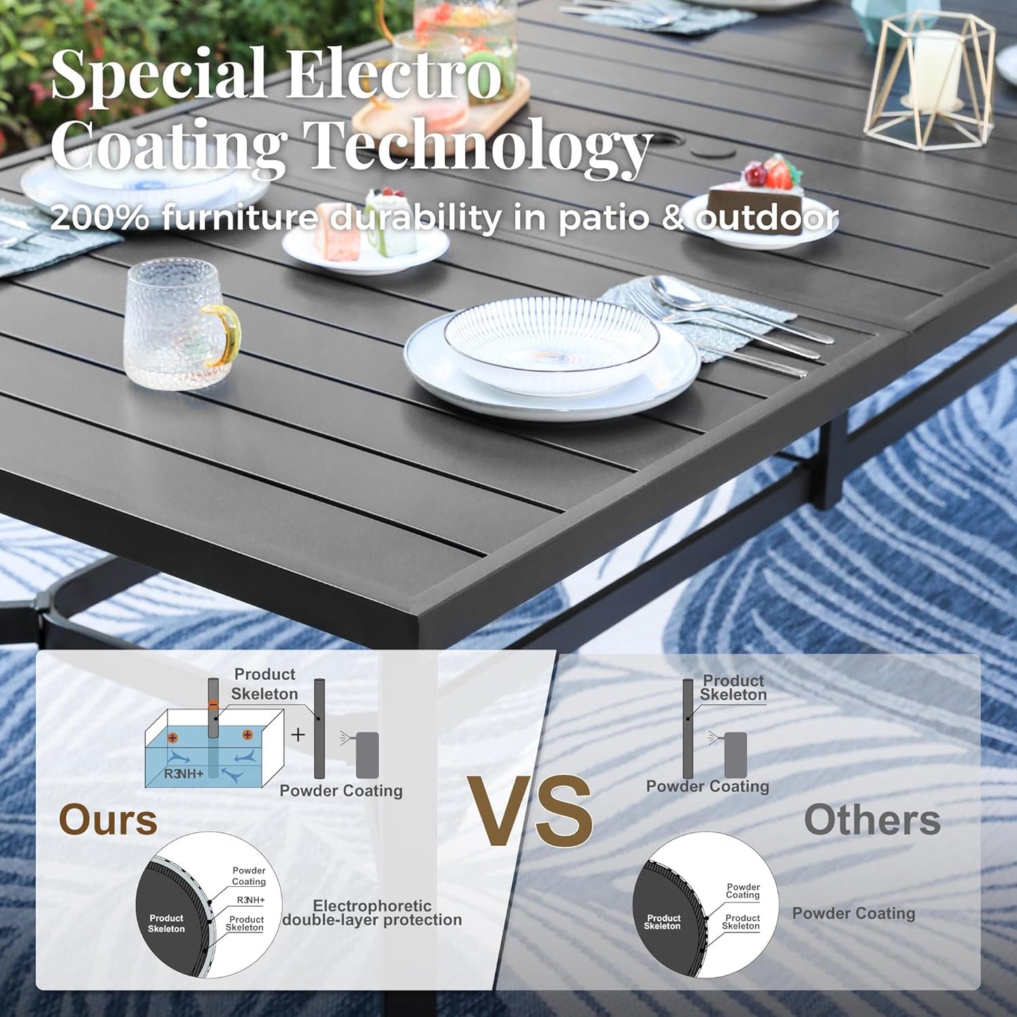 Outdoor Patio Dining Table for 8, 83" x 39" Rectangular Metal Patio Dining Table with 1.7" Umbrella Hole for Garden, Backyard and Porch