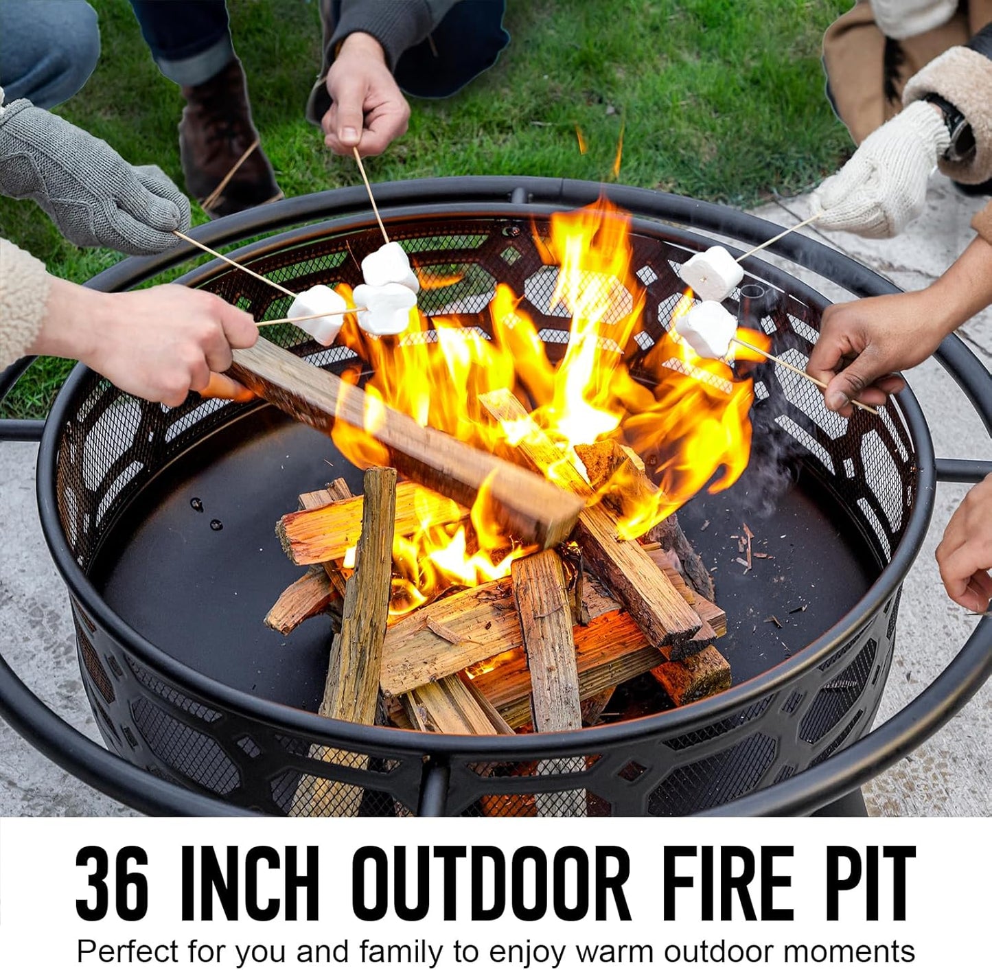 36 Inch Fire Pit, Outdoor Wood Burning Firepit with Removable Grill & Poker, Heavy Duty Metal Round Fireplace,2 in 1 Large Bonfire for Outside,BBQ,Yard,Patio