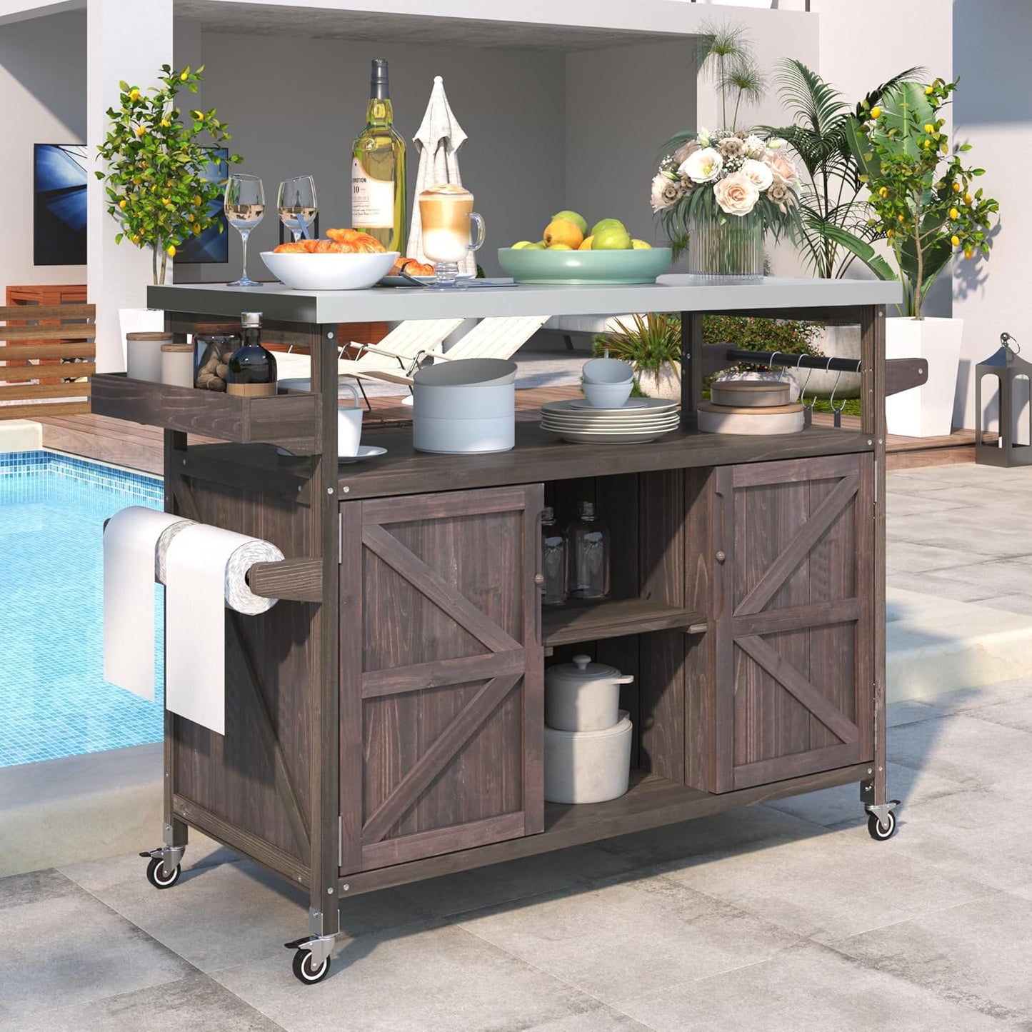 50.25" W Grill Cart with Stainless Steel Tabletop - Outdoor Storage Cabinet for BBQ, Bar Patio Kitchen Island with Ample Storage and Lockable Wheels