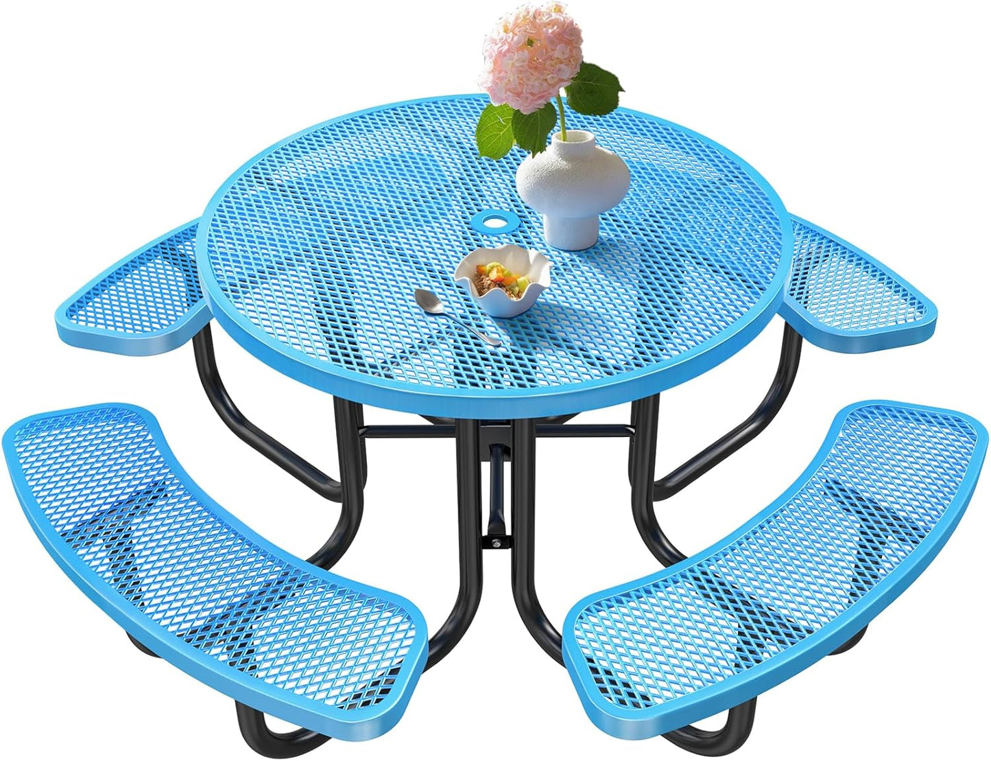 Heavy-Duty Park Bench or Table for Outside - Black Coated Outdoor Furniture Steel Bench, Commercial-Grade Outdoor Benches Weatherproof for Park, Patio, Porch (Blue, 46” (Rd. Table))