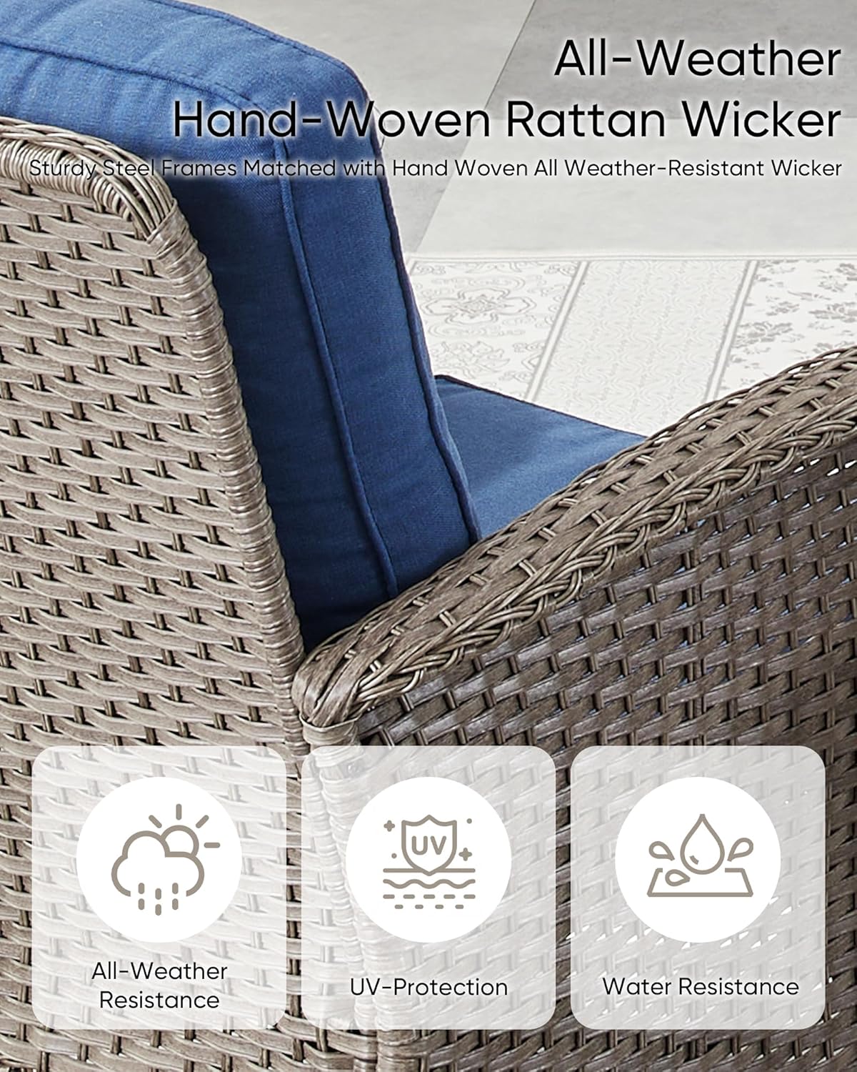 HUMMUH 2-Person Outdoor Glider Bench-All-Weather Wicker Patio Double Swing Rocking Chair Patio Loveseat for Deck Lawn Porch Balcony Poolside-Grey/Blue