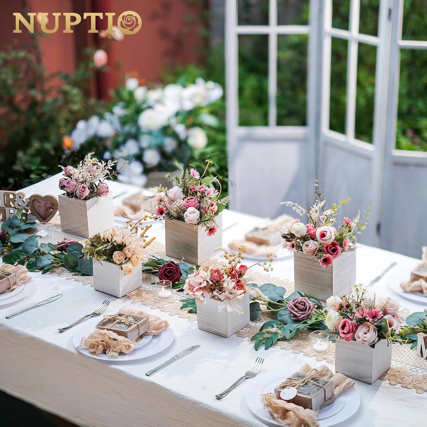 NUPTIO Wooden Box for Centerpiece Wedding: 6 Pcs Rustic Square Planter Box FarmhouseTable Fall Decor - 4×4" & 5×5" Whitewashed Small Wood Vases Flower Pots for Windowsill Home Garden