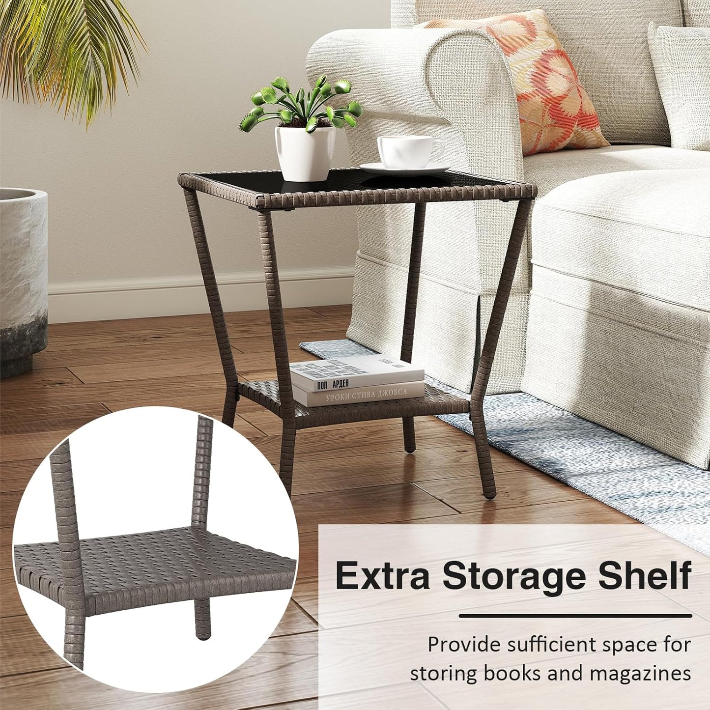 Outdoor Small Patio Table - PE Rattan Coffee Table, Wicker Side Table for Patio, Balcony & Porch, Durable & Iron Frame (2, Sesame Brown)