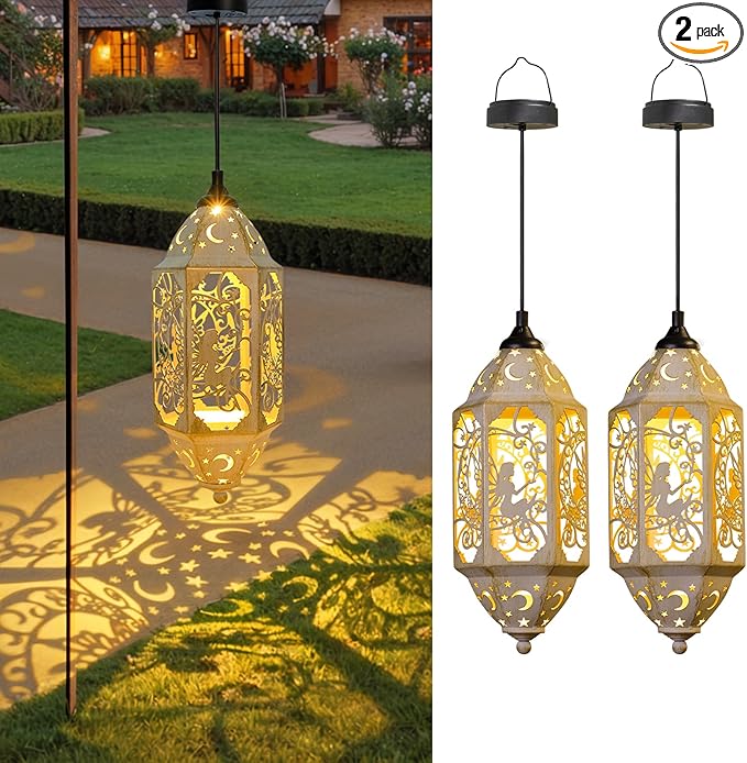 Outdoor Solar Lanterns Waterproof Fairy Moon Garden Gifts for Women Mom12.4‘’ Metal Garden Lanterns Hanging Light for Patio Backyard Decorations, Mothers Day Birthday Gifts (Gold White,2Pack)