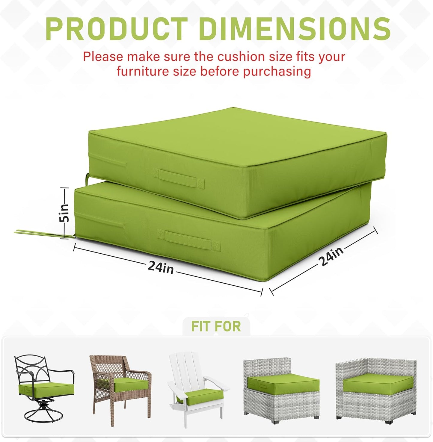 Patio Chair Cushions 24 X 24 X 5 Inch Waterproof Outdoor Seat Cushions for Patio Furniture, Outdoor Sofa Couch Pads with Ties & Handle, Set of 2, Grass Green