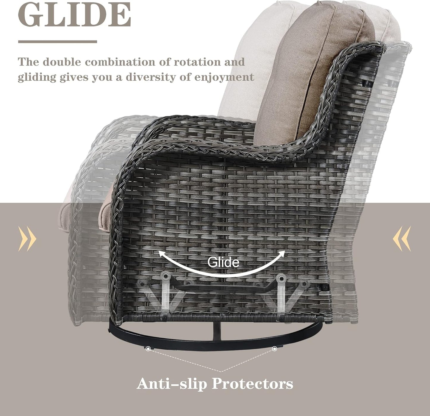 Outdoor Patio Furniture Set with Propane Fire Pit Table, 7 Pieces Wicker Patio Conversation Set with 2 Swivel Glider Rocker Chair Rattan Sofa Grey Cushion Perfect for Casual Gathering