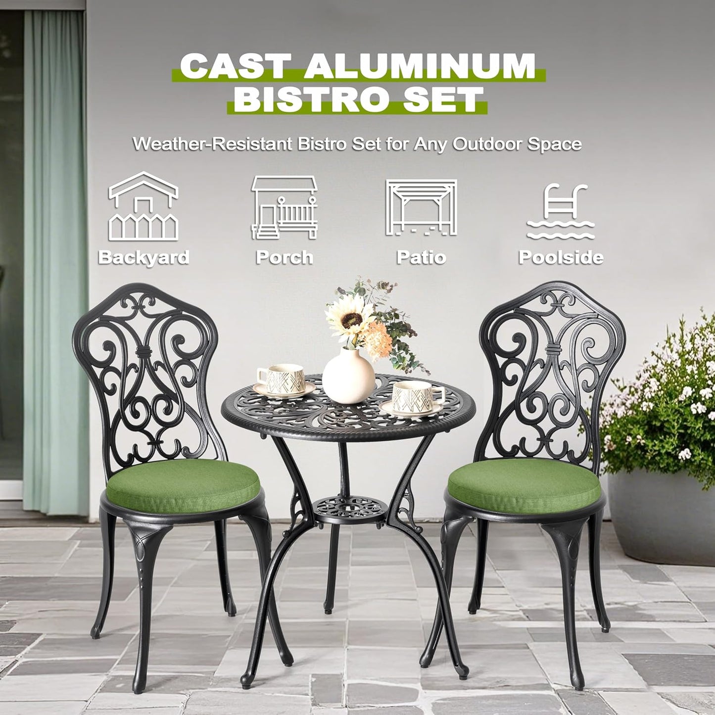 NUU GARDEN Patio 3-Piece Bistro Set with Cushions, Patio Chairs and Outdoor Round Table with Umbrella Hole, Cast Aluminum Patio Set for Lawn, Garden, Porch, Poolside, Black