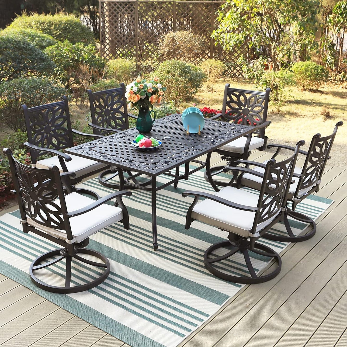 Sophia & William 6-Person Rectangular Cast Aluminium Outdoor Dining Table, Patio Bistro Table with 2.3" Umbrella Hole for Porch Backyard, Bronze