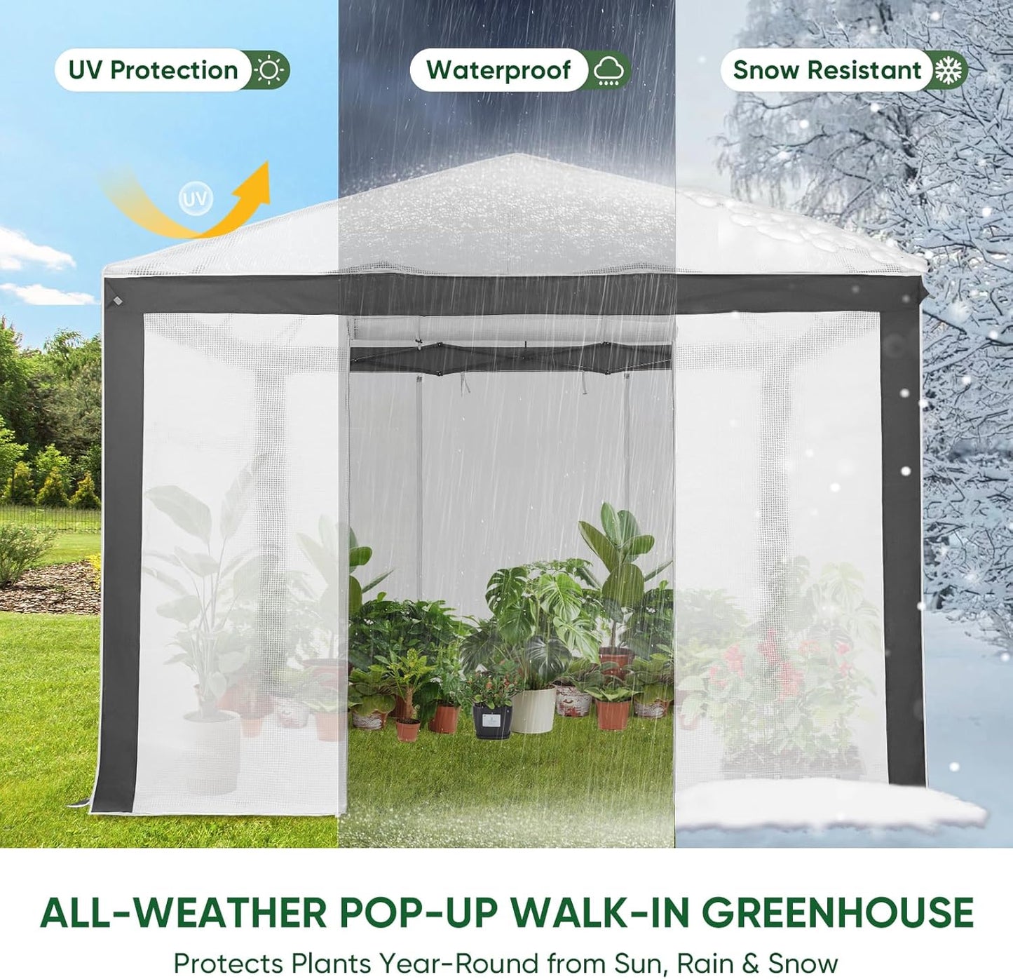 EAGLE PEAK 10x10 Portable Walk in Greenhouse with Polyester Reinforced Corners, Instant Pop up Indoor Outdoor Gardening Green House, Roll Up Zipper Entry Doors and Mesh Windows, Gray/White