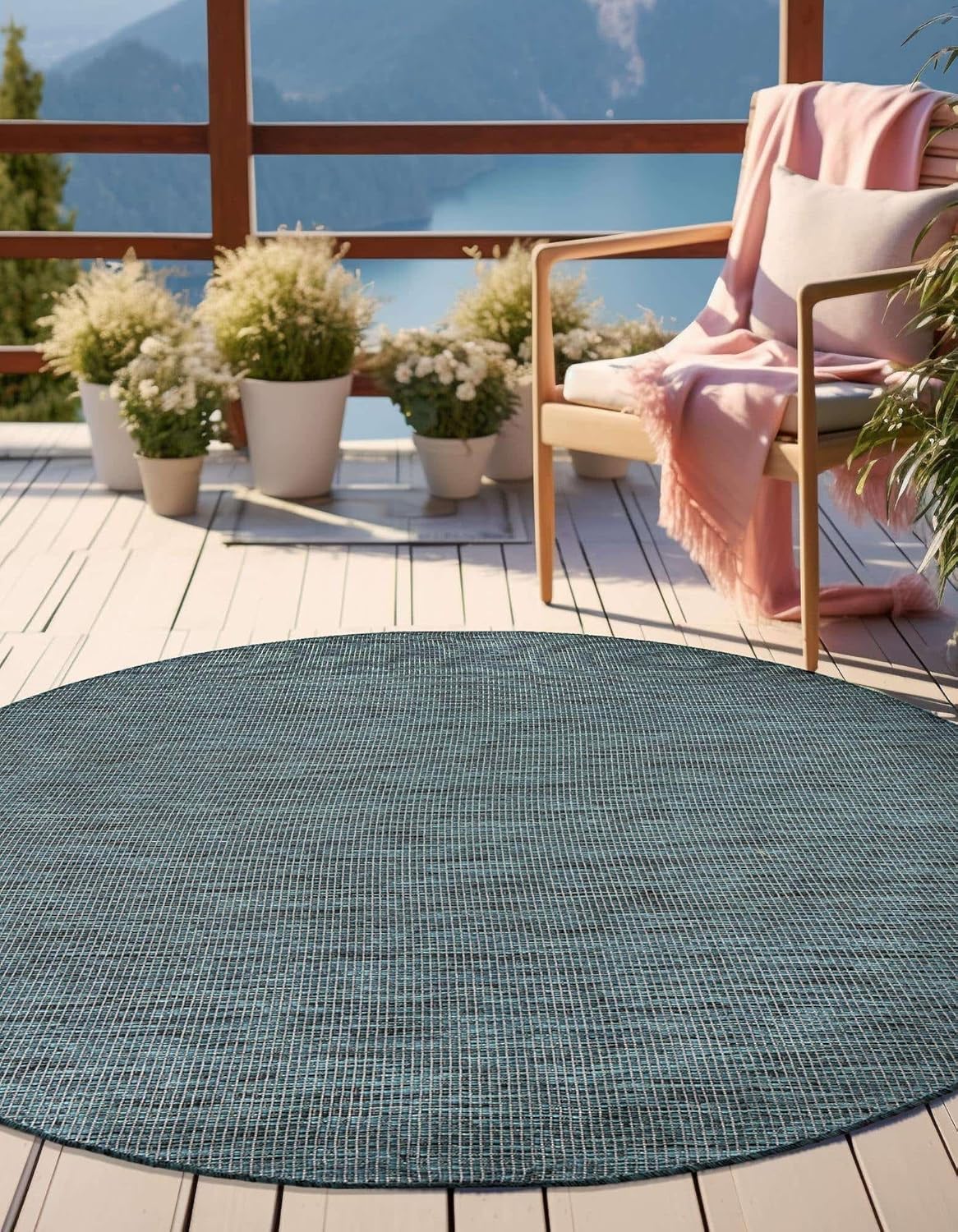 Unique Loom Outdoor Solid Collection Area Rug (4' 1" Round Teal/Navy Blue)