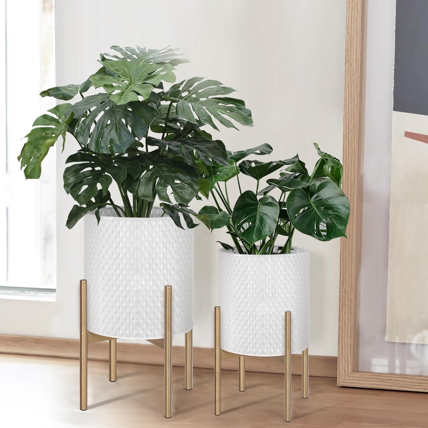 Oakrain Mid Century Planters for Indoor Plants, Set of 2, Modern Decorative Metal Planters for Living Room, Office, Garden or Balcony, White Planters with Stands, 10 inch & 12 inch