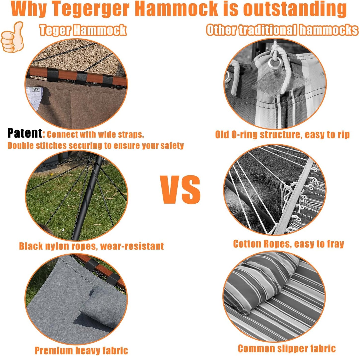 TegerDeger 12FT 2 Person Hammock with Stand Included 55 x 79IN Large Hammock 450LB Capacity with Hardwood Spreader Bar & Nylon Rope for Outside, Patio, Garden, Backyard, Beach, Poolside - Brown