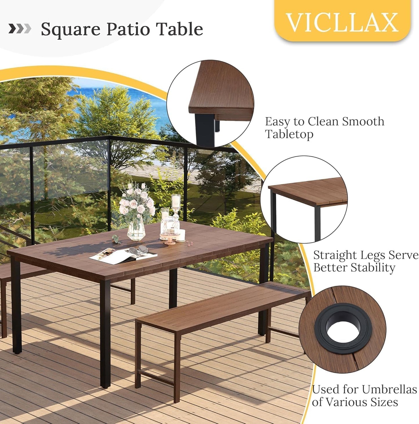 VICLLAX 63" Rectangle Patio Table with Umbrella Hole, All Weather Metal Outdoor Dining Table for 6, Walnut Wood-Like Tabletop