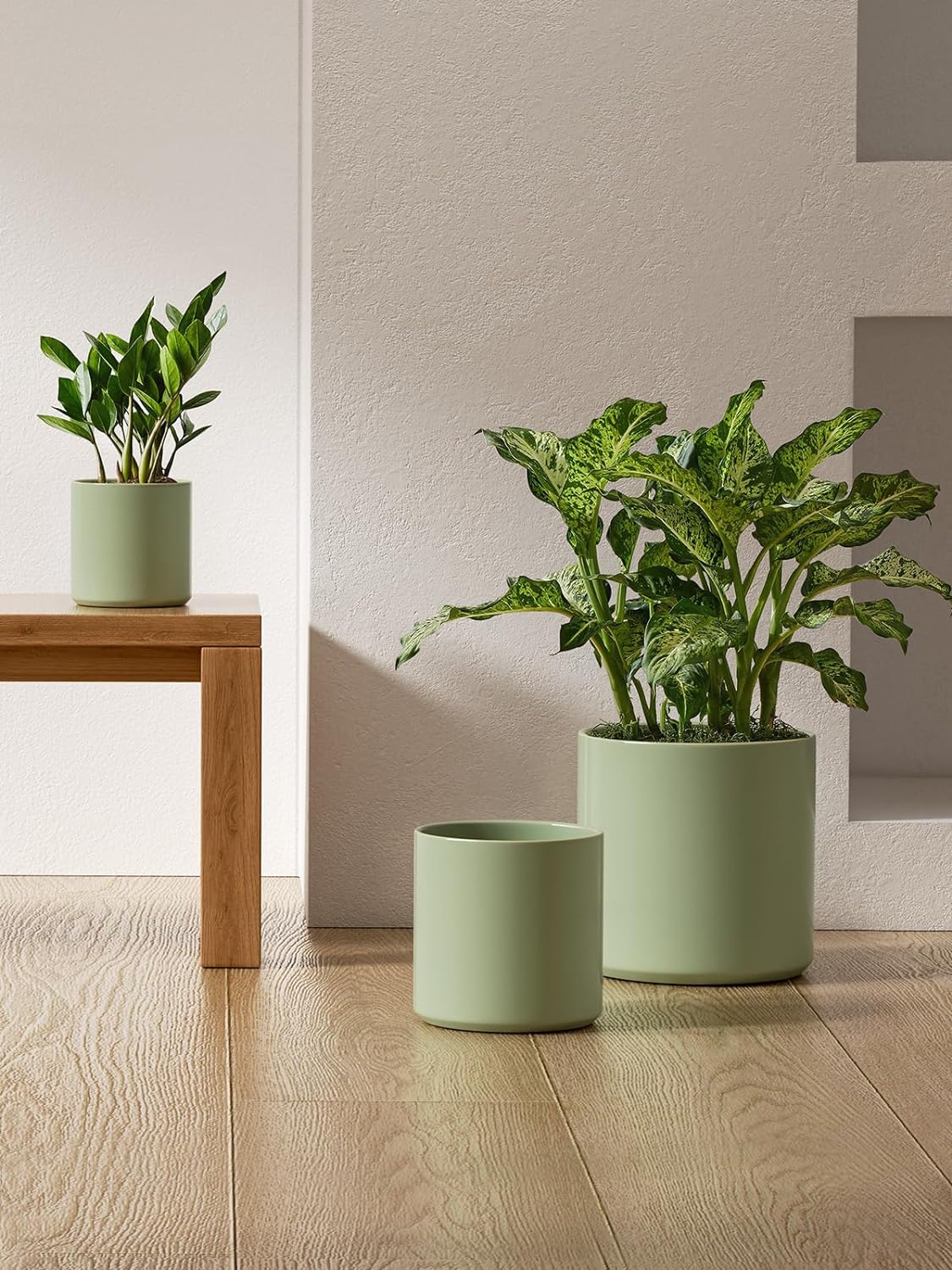 LE TAUCI Ceramic Plant Pots Indoor, 10+8+6 Inch Planters for Indoor Plants, Mid-Century Modern Pots with Drainage Hole and Plug, Cylinder Round Planters, Set of 3, Sage Green