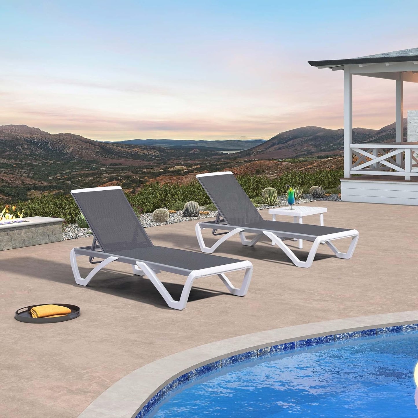 PURPLE LEAF Patio Chaise Lounge Chair Set of 3 Outside Aluminum Plastic Stackable Tanning Chairs for Pool Sunbathing Beach Deck Outdoor Lounger, Grey