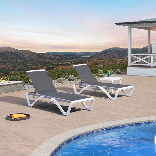 PURPLE LEAF Patio Chaise Lounge Chair Set of 3 Outside Aluminum Plastic Stackable Tanning Chairs for Pool Sunbathing Beach Deck Outdoor Lounger, Grey