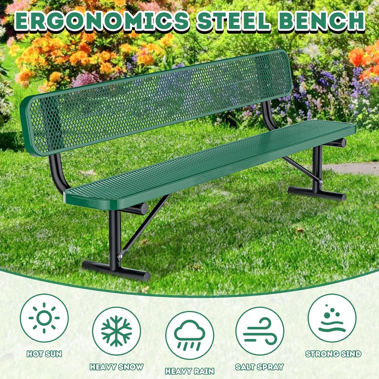 8Ft Outdoor Bench with Back Portable Frame, Outdoor Steel Park Bench with Backrest, Expanded Metal Mesh Bench for Outside, Lawn, Backyard, Park, Deck, Garden, Patio, Porch, Green