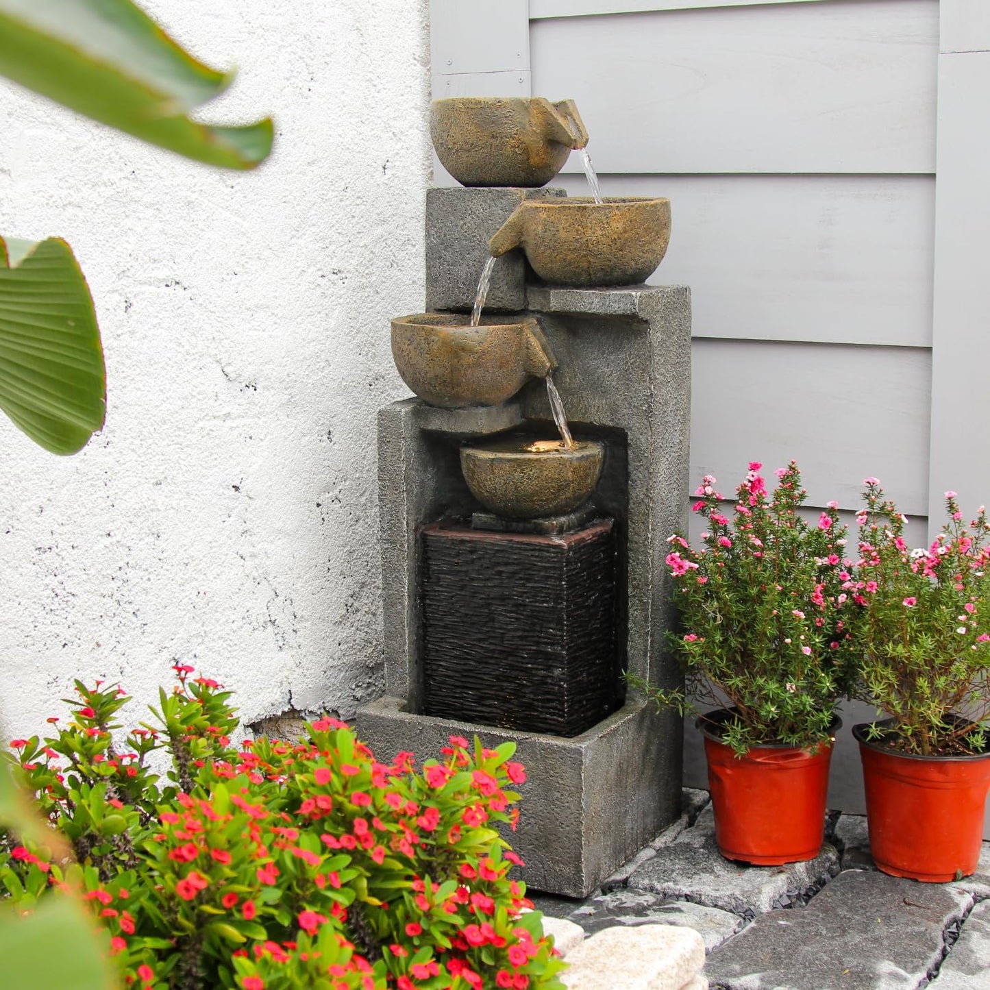 YZM 5-Tier Water Fountain Outdoor Garden Waterfall Fountains Indoor Bowl Cascading Water Feature with Led Lights for Home Deck Patio Porch Yard Decor 37.4" H