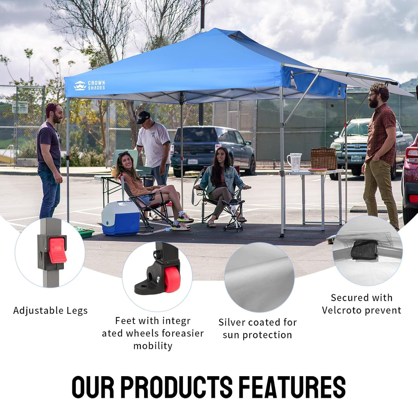 CROWN SHADES 10x10 Pop up Canopy Tent, Instant Commercial Canopy with Extend Awning, Patended Centerlock, 150D Silver Coated Fabric, 4 Ropes, 8 Stakes, 4 Weight Bags, STO 'N Go Bag, Blue