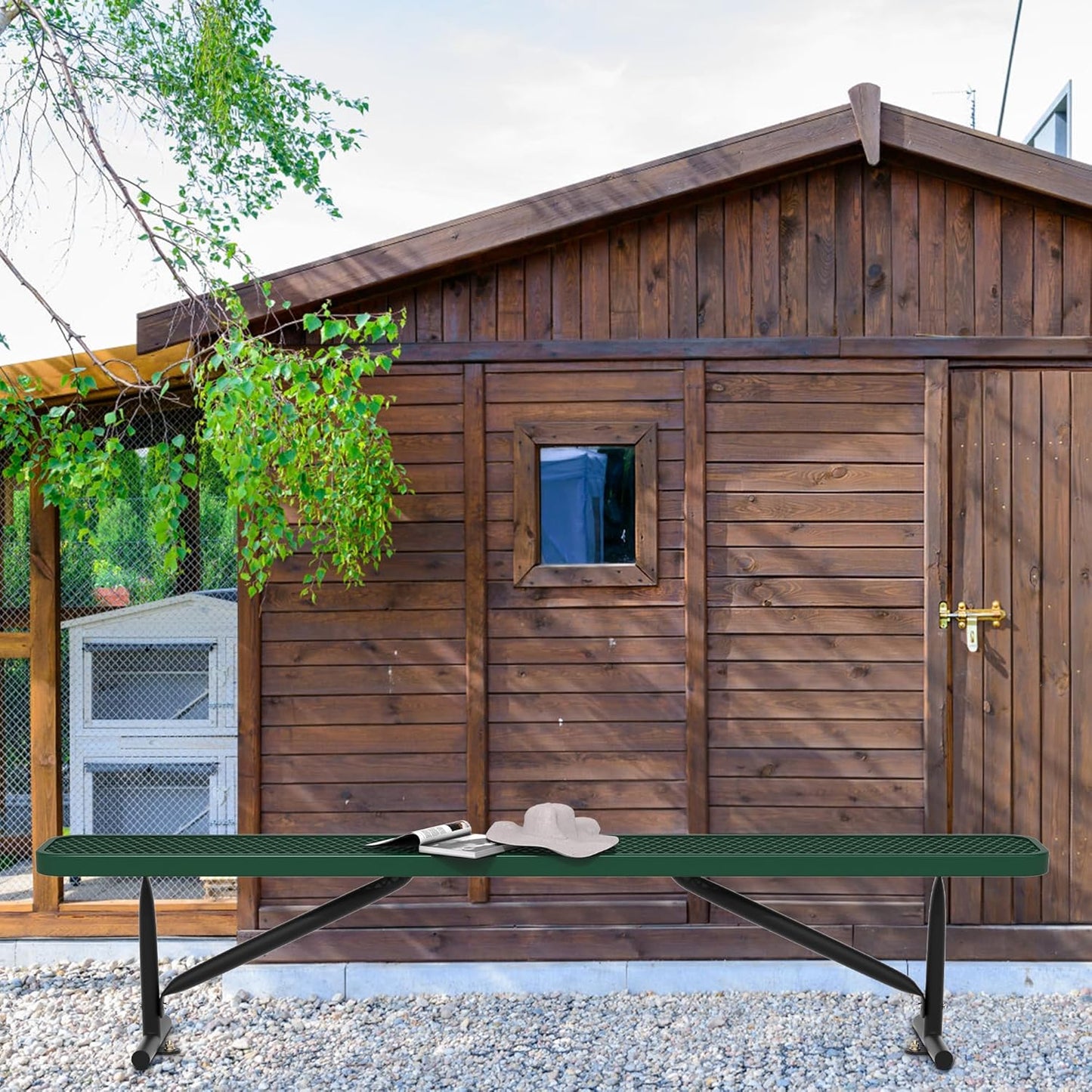 8 Feet Heavy Duty Metal Park Bench for Outside, Outdoor Bench with Portable Frame, Commercial Benches for Shopping Mall, Store, Park, Patio, Deck, Green