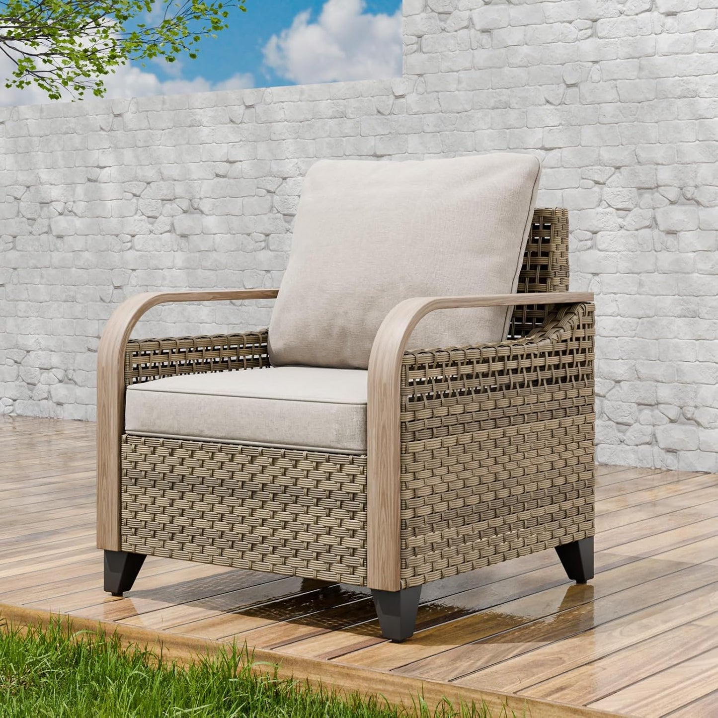 EAGLE PEAK Modern Wicker Outdoor Chair, Patio Chair Curved Armrest, Rattan Patio Furniture for Yard Deck Porch Garden, 1 Chair, Brown/Gray