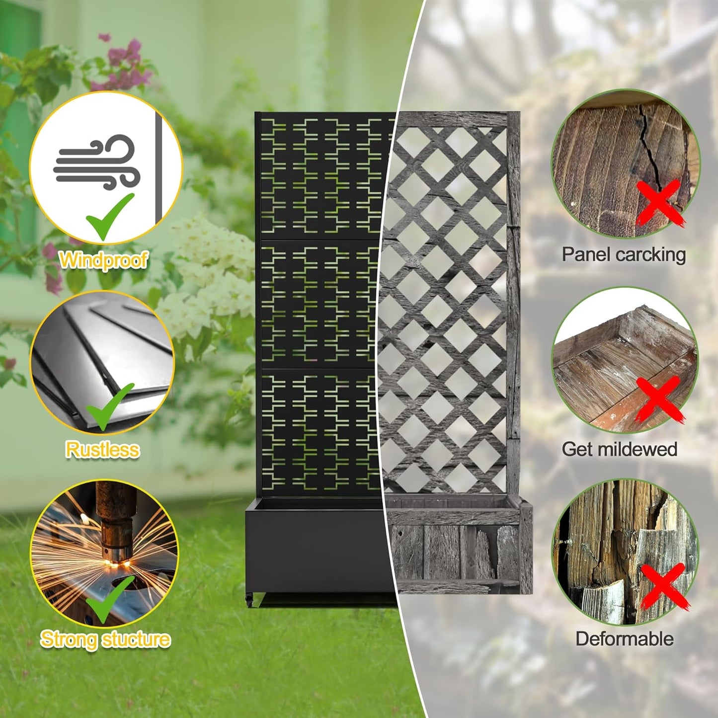 FENCY Metal Raised Garden Bed with Wheels and Trellis,73"x35"x16" Planter Box for Climbing Plants, Vegetables & Vines, Features Privacy Screen and Drainage Holes (Black-Brick)