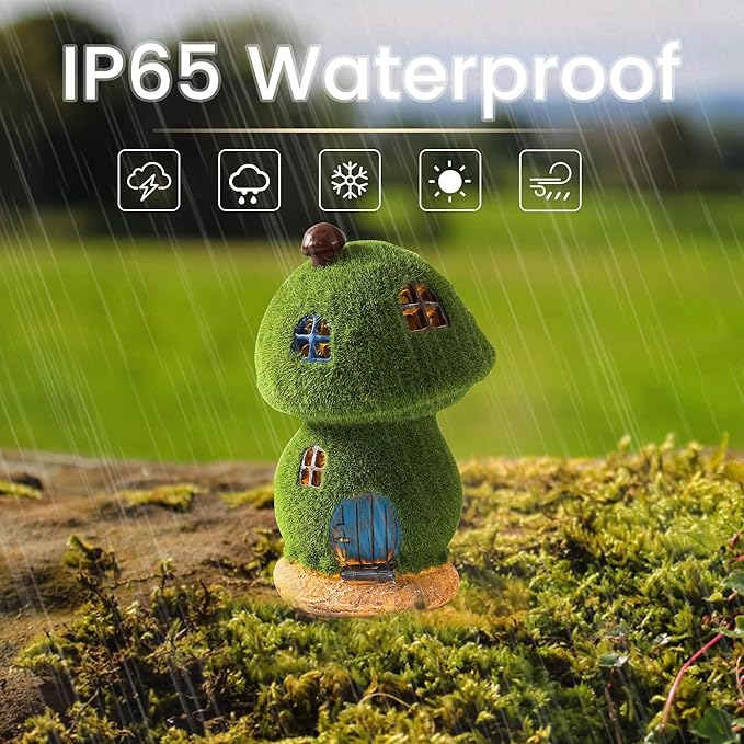 Mushroom Fairy House Decor - Figurine Lights Outdoor Solar Fairy Garden House for Patio Lawn Yard Ornaments, Housewarming Gift 7.4 inch