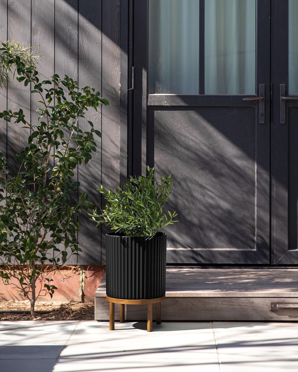 Veradek Demi Series Round Planter w/Stand for Porch/Patio | Durable Plastic-Stone Composite & Wooden Stand | Modern Décor for Tall Plants, Flowers