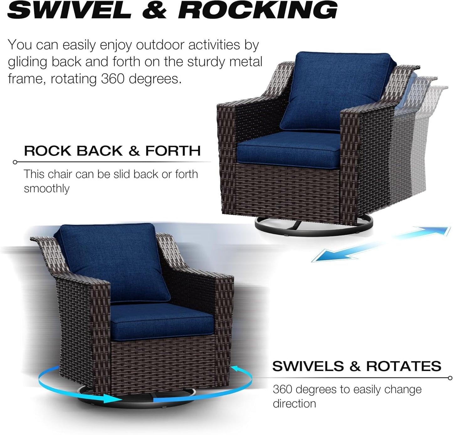 Joyside Wicker Patio Furniture Sets, 7 Pieces Upgraded Large Size Outdoor Furniture with Swivel Rocking Patio Chairs, 3-Seat Sofa, Outdoor Ottoman and Coffee Table, Thick Cushions, Wide Armrest