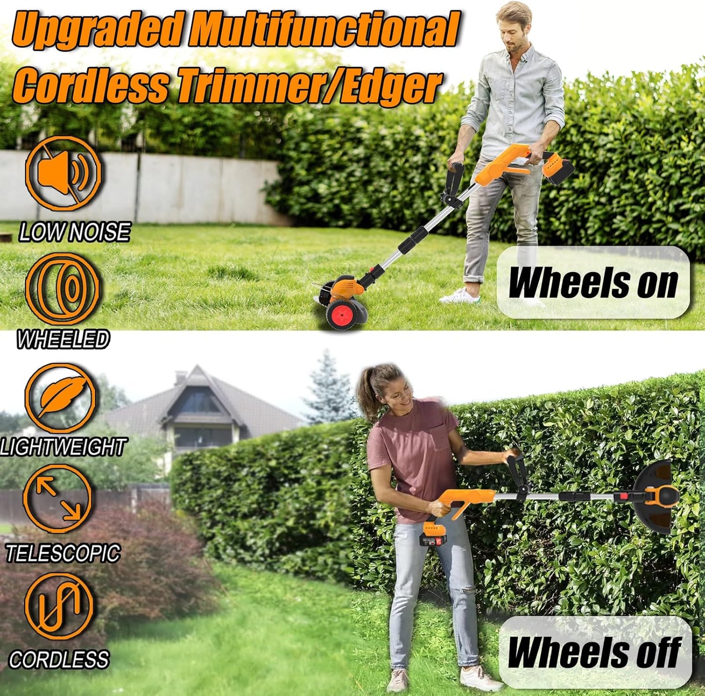 Electric Weed Wacker Cordless Eater, Battery Powered No String Grass Trimmer with 2 21V/4Ah Battery Operated&3 Types Blade&Wheels, Lightweight Weed Trimmer/Edger Lawn Tool for Garden Yard - Orange
