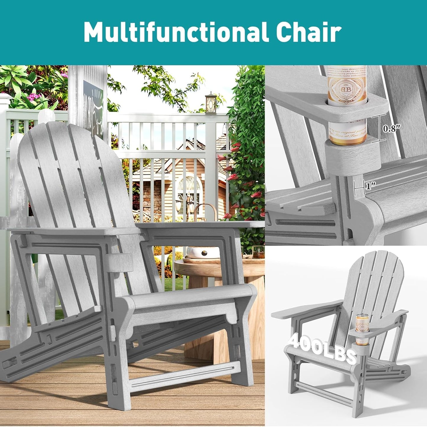 Adirondack Chairs Set of 4, Tool-Free Assembly All-Weather Plastic Adirondack Chairs, HDPE Fire Pit Chairs with Cup Holder, Outdoor Chair for Patio Garden (Grey)