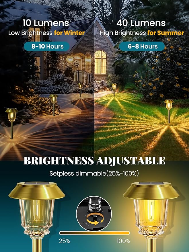 Solar Lights Outdoor Waterproof,4 Pack Gold Pathway Lights with 10-40 LM Dimmable Glass and Metal, Solar Powered Garden Decor for Yard,Patio,Pathway,Driveway(Warm White)