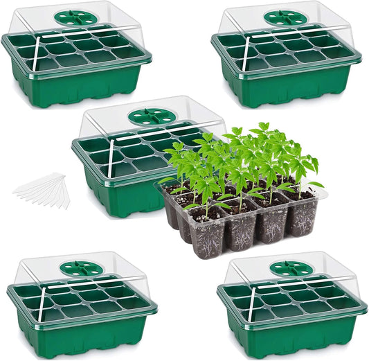 Bonviee 5-Pack Seed Starter Trays, Seed Starter Kit with Adjustable Humidity Dome and Base Indoor Greenhouse Mini Propagator for Seeds Growing Starting (12 Cells Per Tray, Green)