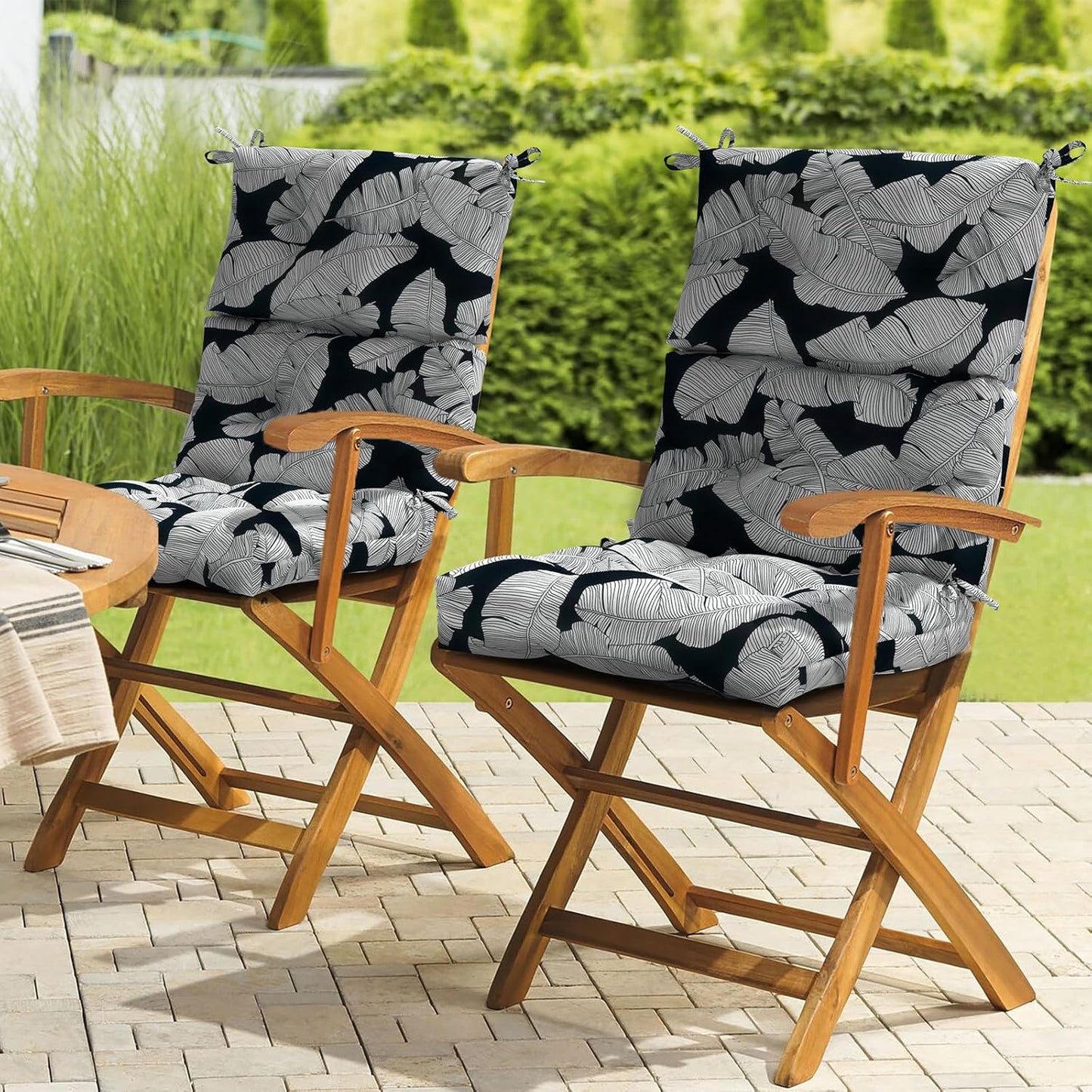 LVTXIII Outdoor Seat/Back Chair Cushion Patio Tufted High Back Cushion, Seasonal Replacement Rocking Chair Cushion with Ties (44” L x 22W”, Set of 2, Black Lush Leaf)